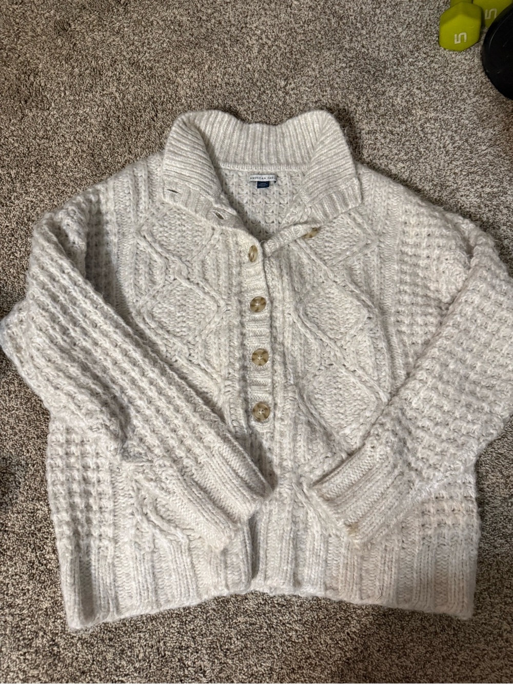 American Eagle Cozy Ivory Cable-Knit Button-Front Sweater